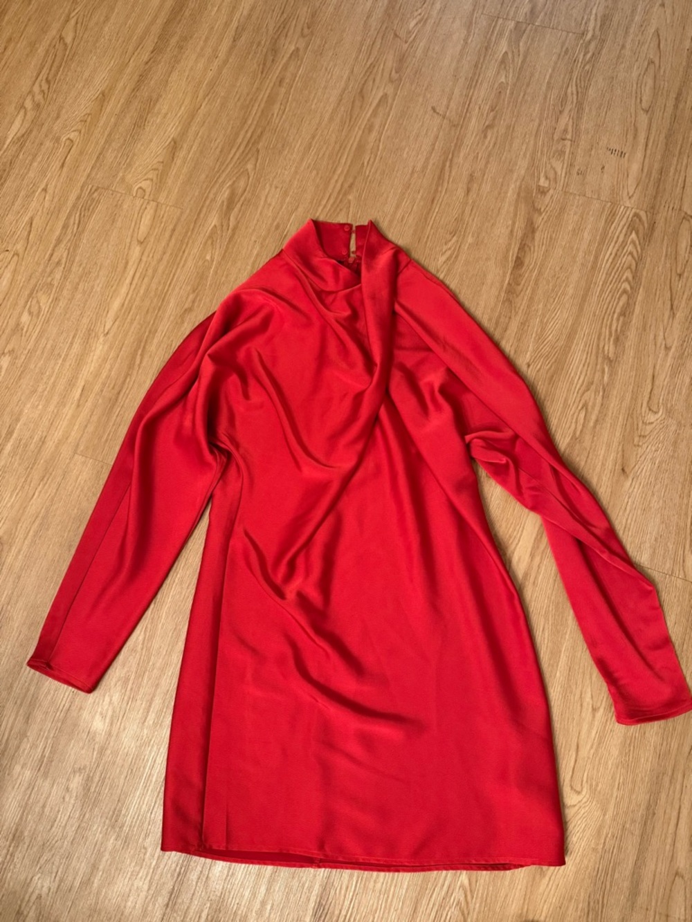 Red Long-Sleeve High-Neck Shift Dress